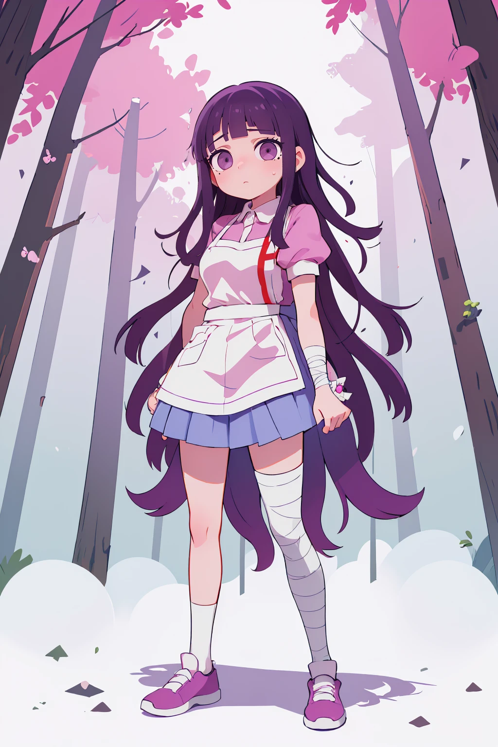 (masterpiece, best quality:1.2), solo, 1girl, tsumiki mikan, expressionless, looking at viewer, standing, mole under eye, purple hair, pink shirt, puffy short sleeves, white apron, blue skirt, bandaged leg, bandaged arm, outdoors, forest <lora:danganronpa2_tsumiki:1>