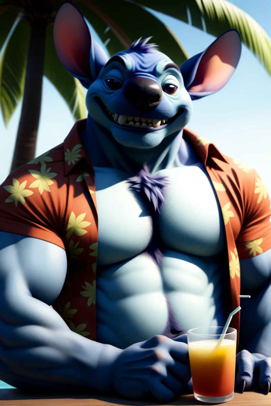 solo, male, himbo_stitch, stitch \(lilo and stitch\), blue fur, blue body, half-length portrait, upper body, aloha shirt, open shirt, floral pattern, chest tuft, claws, muscular male, huge pecs, smile, grin, teeth, half-closed eyes, flirty, masculine, chest tuft, masterpiece, extreme detail, looking at viewer, sitting, tiki bar, leaning, in the shade, counter, dappled light, palm tree, chest hair, holding beverage, umbrella, drinking straw, outside, beach, claws