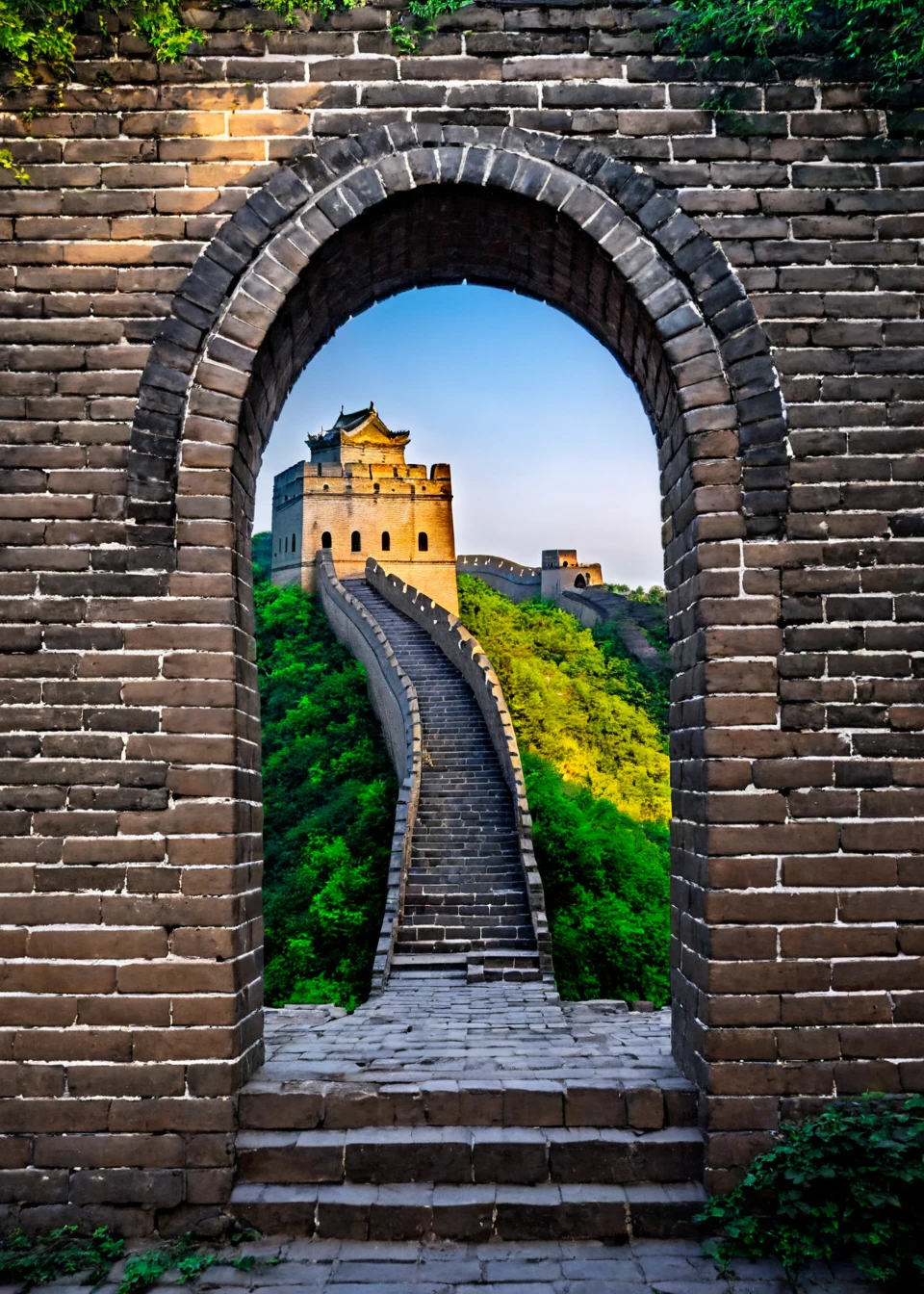 <lora:é¿å:1>,The Great Wall,no humans,scenery,window,brick wall,wall,arch,stairs,sunlight,stone wall,tree,in the building,, masterpiece, best quality,