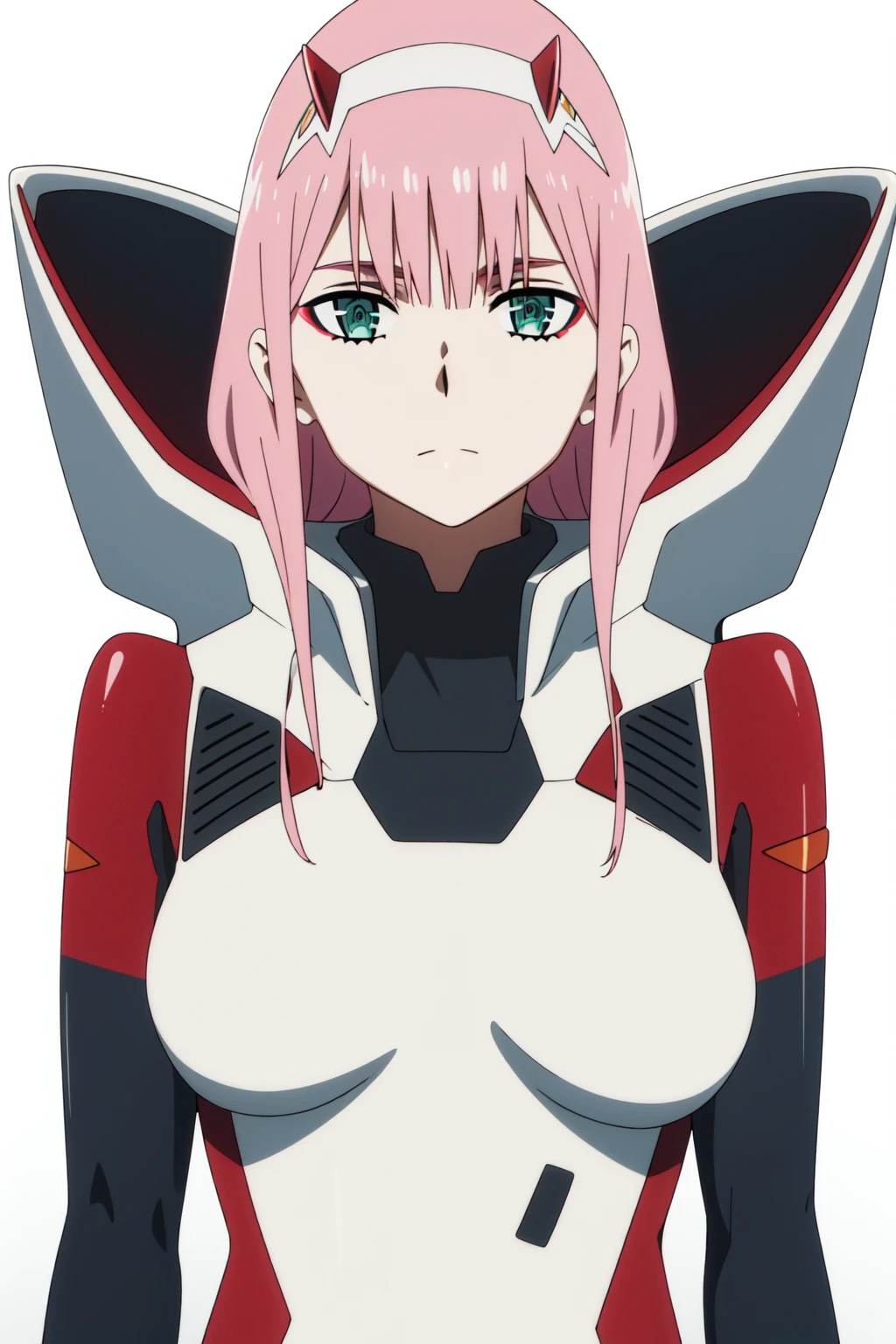 <lora:anime_screencap_v2:0.3>
portrait, solo focus, solo, close-up, (white background, plain background, simple background:1.3),
 <lora:darling_zerotwo-03:0.9> darling_02, 1girl, zero two (darling in the franxx), solo, pink hair, horns, long hair, looking at viewer, eyeshadow, pilot suit, green eyes, bodysuit, hairband, parody, upper body, white hairband, makeup, bangs, closed mouth, breasts, meme, red horns, aqua eyes