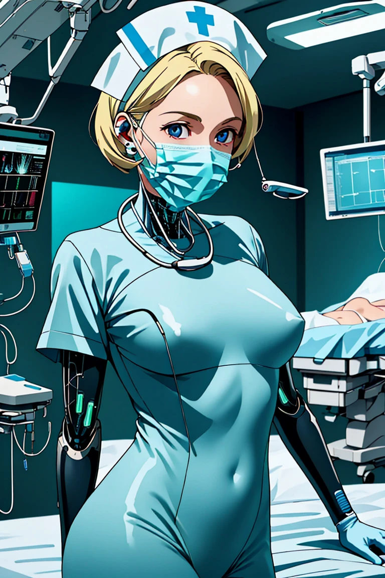 (RAW photo, best quality), 1girl, operating room, overhead surgical light, dslr, blurred background, focused,
 <lora:cyber_surgNurse_v1.0-000006:0.9> cybr_surgnurse, 1girl, solo, bodysuit, nurse cap, latex gloves, science fiction,cybernetic, surgical mask,earpods,
 <lora:Merribit_Stapleton_GUNDAM_IBO-KK77-V1:0.5> (earrings, necklace,blonde hair, blue eyes,short hair,1girl,solo),