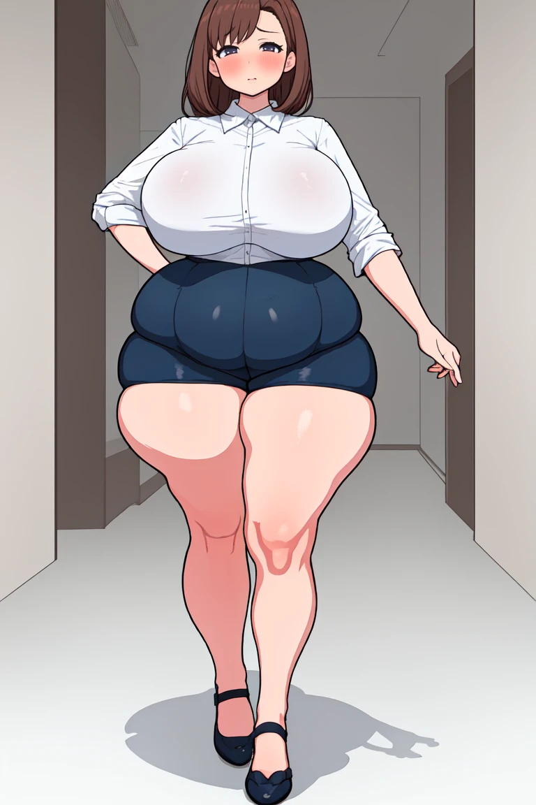 norihito, 1girl, female, adult, solo, (chubby), full_body, shoes, standing, huge_breasts, blush, (milf), big_hips, short_pants,<lora:EMS-304217-EMS:1.000000>