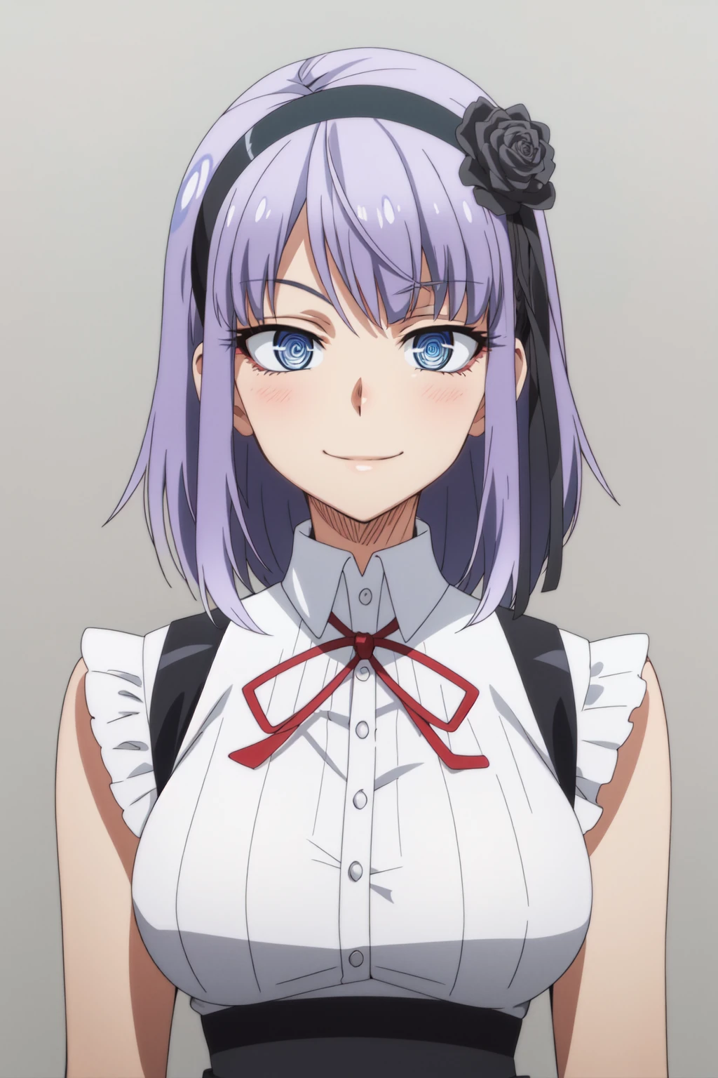 mature female, tall female, tall, long legs, tall body, curvy, <lora:anime_screencap_v2:0.3>
portrait, solo focus, solo, 1girl, close-up, white background, simple background,
<lora:dagashi_purple-04:0.8> dagashi_purple, 1girl, shidare hotaru, purple hair, hairband, blue eyes, smile, skirt, flower, short hair, hair ornament, looking at viewer, high-waist skirt, hair flower, solo, ringed eyes, breasts, ribbon