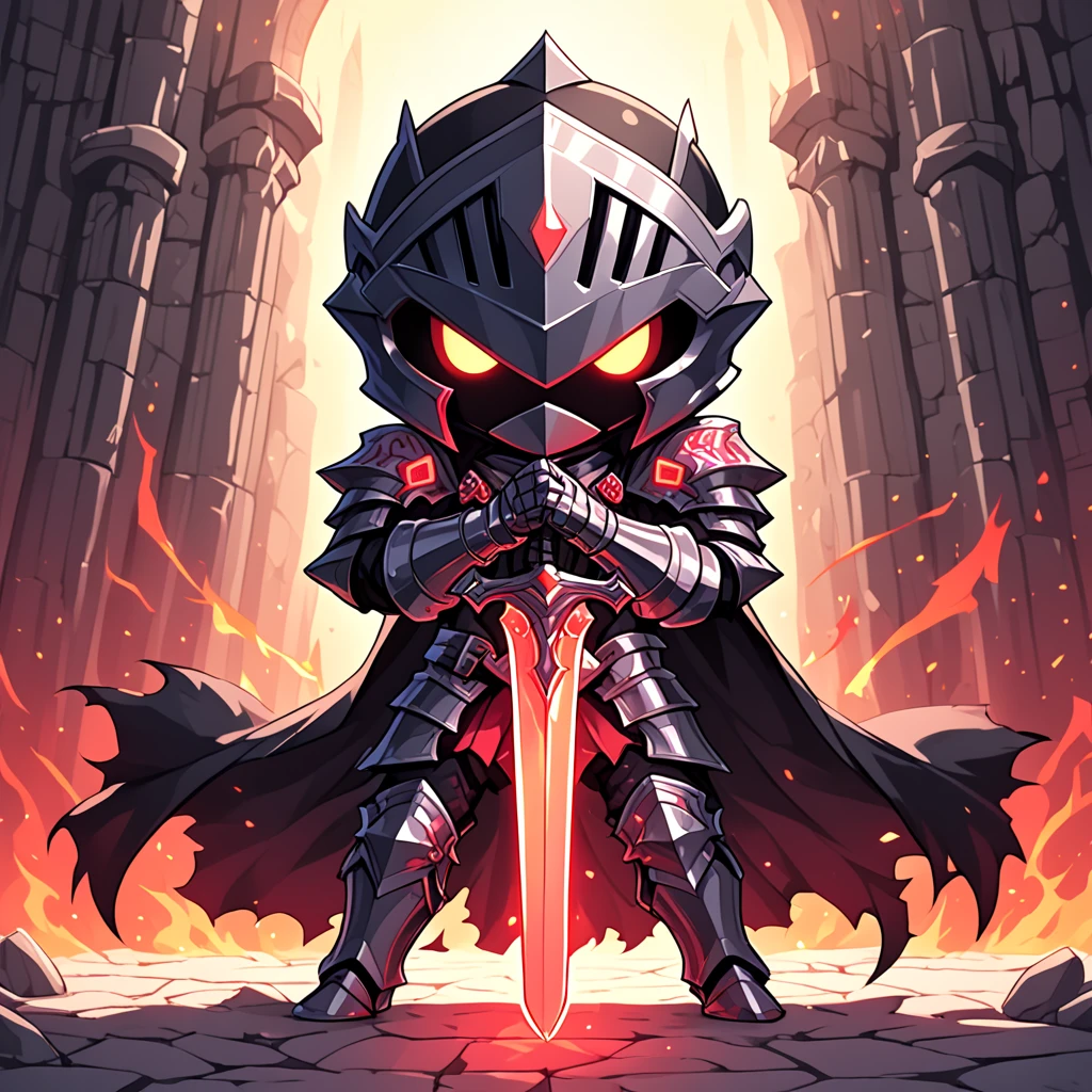 a super cute and angry male chibi knight, angry, wearing black armor, wielding red glowing sword, fantasy dungeon in background, HD, masterpiece, best quality, hyper detailed, ultra detailed, super realistic