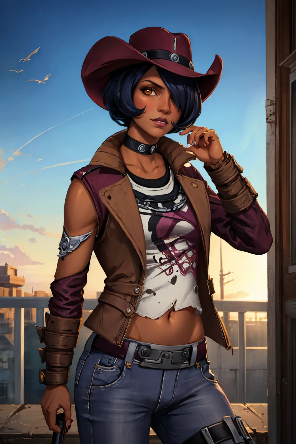 masterpiece, best quality, 1girl, solo, looking at viewer, <lora:nishabl2-guy-v3:1>, nishabl2, cowboy hat, lipstick, hair over one eye, choker, makeup, dark skin, jacket, pants, midriff, belt, standing,
