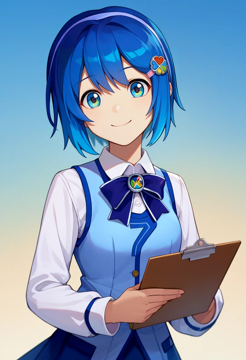 score_9, score_8_up, score_7_up, source_anime, solo, 1girl, madobe nanami, smile, looking at viewer, holding clipboard, hair ornament, hairclip, hairband, white shirt, bow, long sleeves, blue vest, blue skirt <lora:os-tan_7-tan_ponyXL:1>