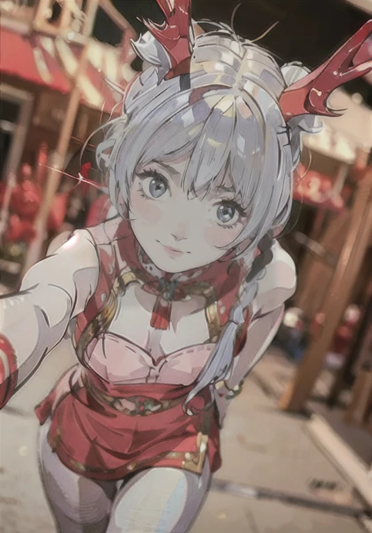 Original Characters、Volume Lighting、Best Shadows、Deep Depth Of Field、Portrait of an amazingly beautiful girl、Delicate beautiful attractive face with petite and seductive red eyes、Gray hair、tthin eyebrows、huge smile、Keep your mouth shut、((cyberpunked))、((Japan traditional costume))、((Cat's ears))、Beautiful、Long ponytail、Blush Eyeshadow、Open belly button、Open chest、Slim waist、City of the Future、Being in the center of the intersection、Japan Akihabara、Large belt、(top-quality、Superb Detail:1.25)、(独奏:1.3)、Brilliant Colorful Paintings