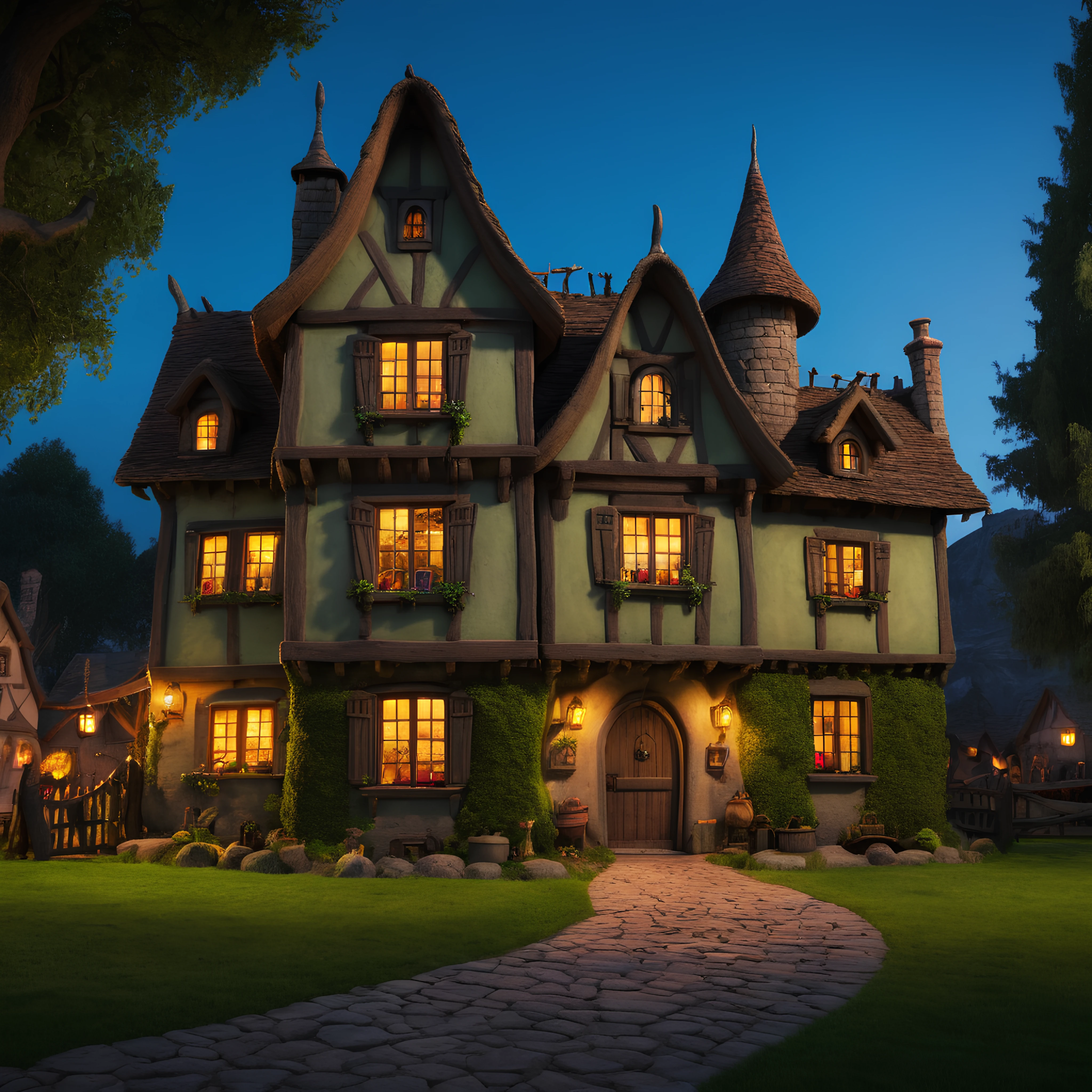 professional full-length photo of the shrek's house in the evening, cinematic, high detail, masterpiece, hero, DSLR photo, high details, masterpiece, epic, musculine, cinematic, dynamic, movie poster, hero
