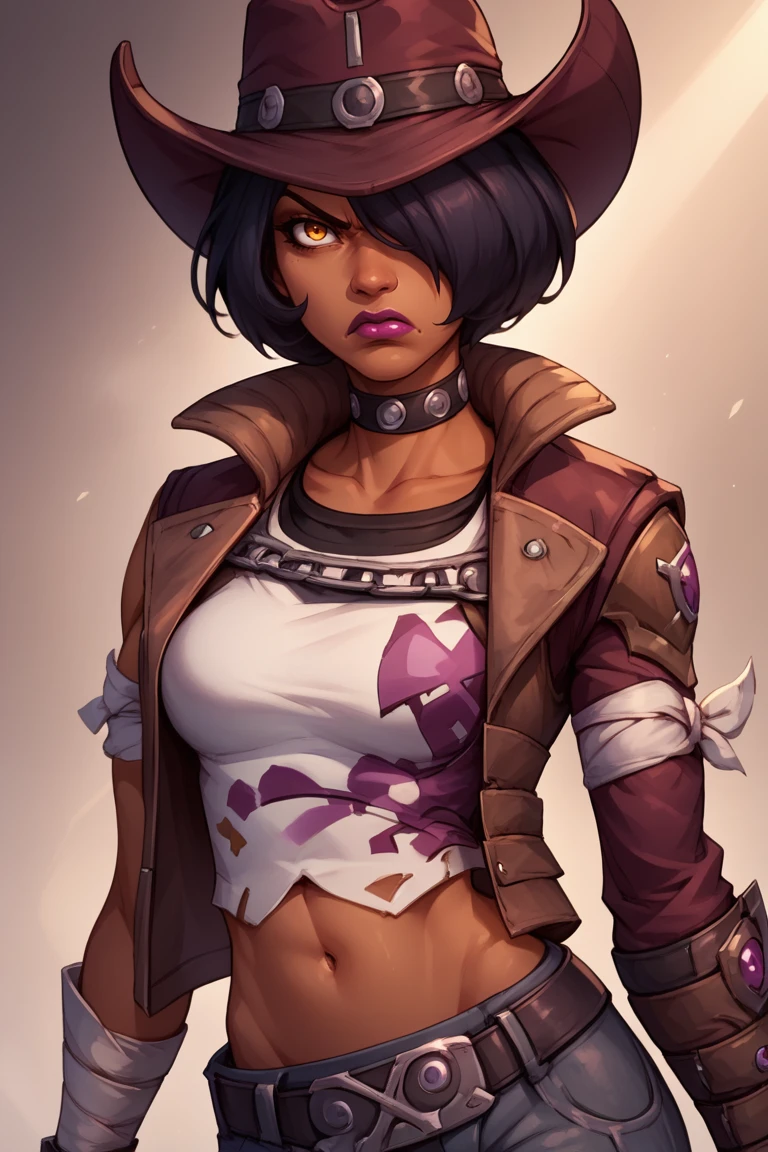 score_9, score_8_up, score_7_up, BREAK , 1girl, solo, looking at viewer, breasts, breasts, <lora:nishabl2-guy-v1PONYXL:.95>, nishabl2, cowboy hat, lipstick, hair over one eye, choker, makeup, dark skin, jacket, pants, midriff, belt, bandages, upper body, angry,