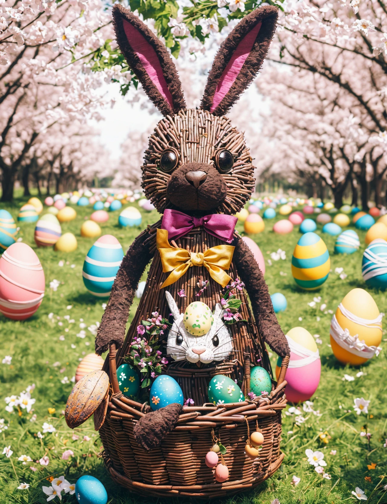 masterpiece, awesome quality, hyper detailed, DonMCr0wB4r male easter bunny, anthropomorphic rabbit, colorful eggs, festive clothing and accessories, basket filled with easter eggs, fertility, rebirth, spring, cheerful , <lora:DonMCr0wB4r-000006:1>