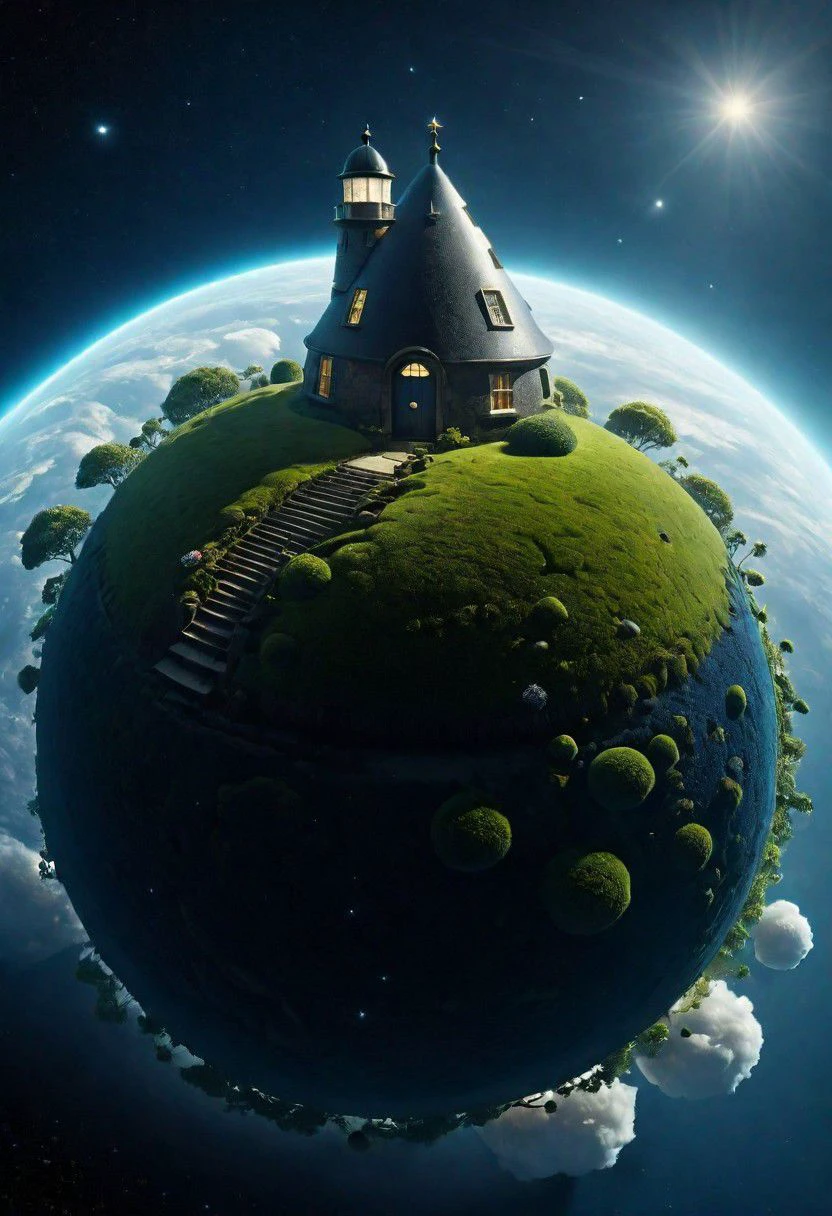 a small floating dreamy  planet floating in deep Blue space, the Planet is a Ethereal eternal garden, Moss, plants and leafs, fluffy, low-key, cinematic, deep blacks, OverallDetail,(Fantasy:1.2) (EastmedievalEnglish triangular
architecture:1.05), Mad architecturial Lighthouse with Geometry,
oily dull (ivy:.75), 
(rough  stone:.05),
(muted colors:.5), dynamic lighting,