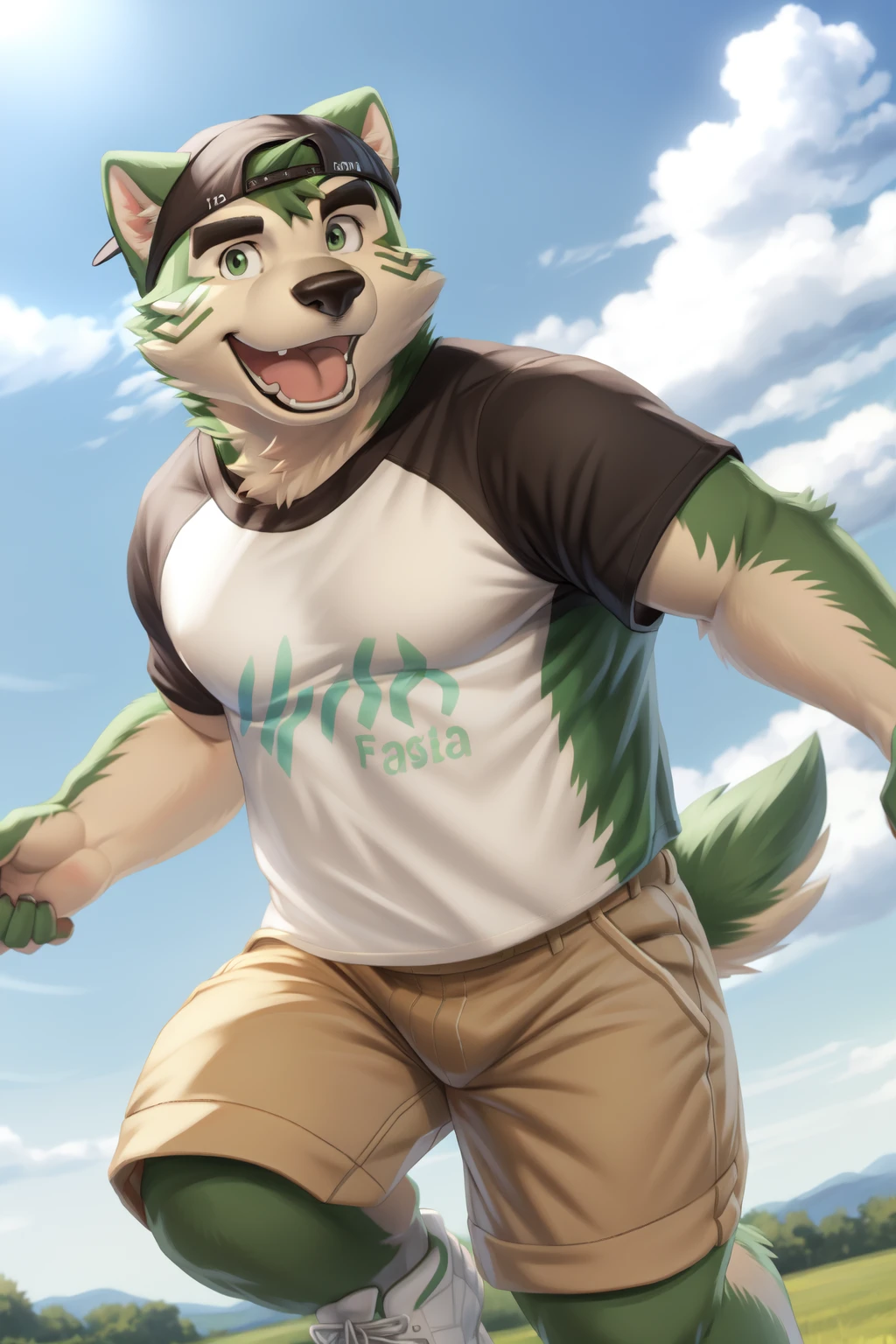 <lora:mokdai-09:1>, mokdai, green eyes, smile, tail, (posing:1.3), (soft shading), 4k, hi res, ((detailed face, detailed)), by zackarry911, by zaush, (by personalami:0.5), looking at viewer, smile, open mouth, shirt, 1boy, hat, navel, full body, white shirt, male focus, shorts, tongue, cloud, fangs, border, baseball cap, jumping, midriff peek, animal nose, backwards hat