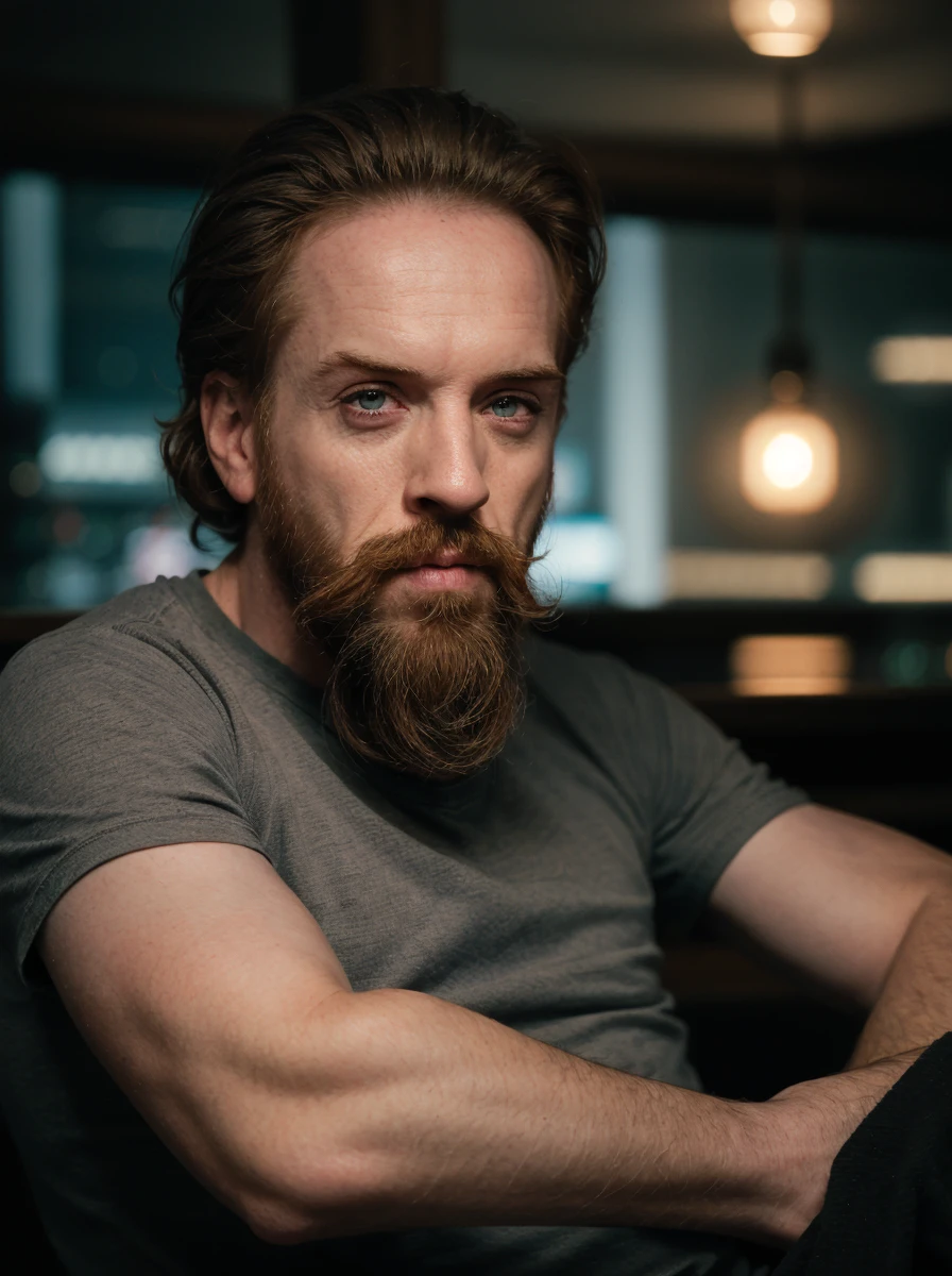 raw photo of dam1an,beard, sitting in a bar,wearing a t-shirt,cyberpunk setting,(close-up),cloudy,volumetric fog,city street,(masterpiece:1.0), (best quality:1.0), (intricate details), flash photography