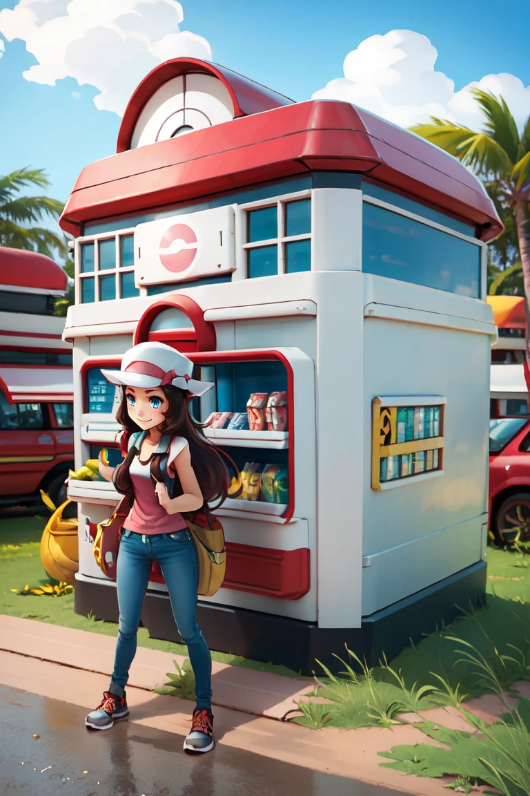 ((masterpiece,best quality)), absurdres,
<lora:Pokemon_Center:0.8>, (Pokemon_Center:1.2), (building),
sky, day, tree, grass, plant, poke ball, sign, poke ball (basic), road, poke ball (basic), road, bush, path, vending machine, poke ball theme,
(tropical beach),
long hair, blush, smile, blue eyes, brown hair, black hair, hair ornament, 1girl, denim pants, shirt, ,