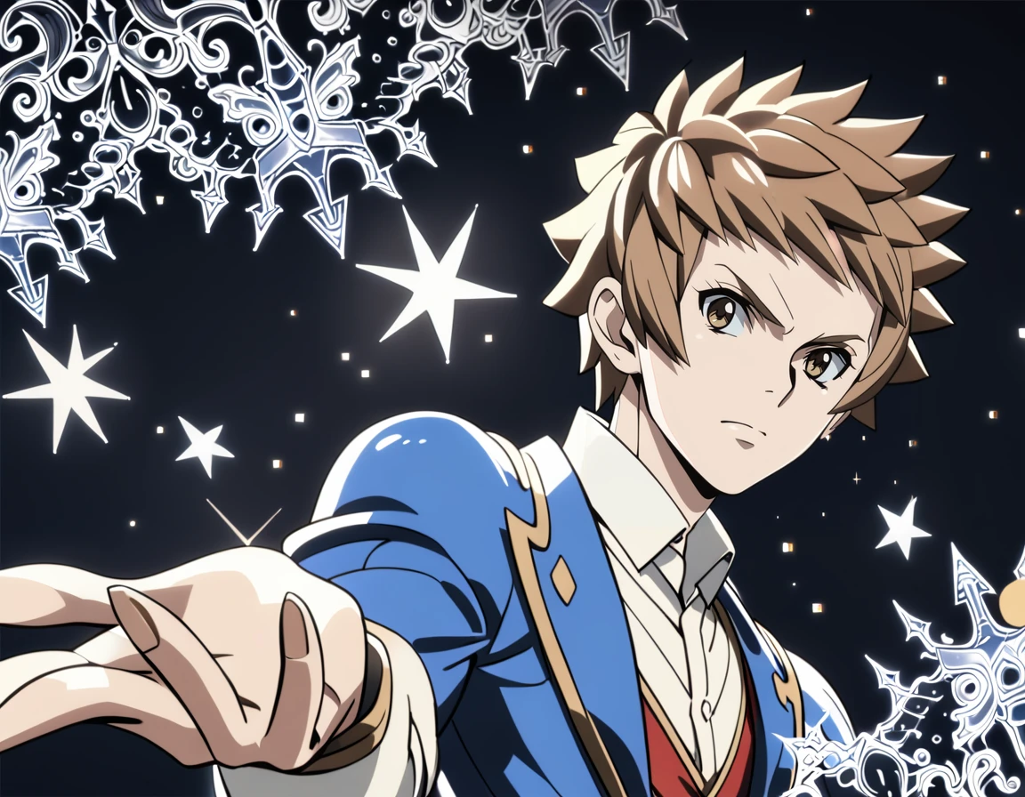 1boy,
gran \(granblue fantasy\), granblue fantasy,
tuxedo,
serious,
<lora:okakugohayorosikuteXL4:1>,okakugohayorosikute,reaching out,gradient background,(sparkle:1.2),(light particles,:1.3),
portrait,dynamic angle,
masterpiece, best quality, ultra detailed, highres,4k,(ultra-detailed:1.4) (illustration:0.5), (ray tracing,:0.8),(anime colored:0.7),(ai-generated:0.5),