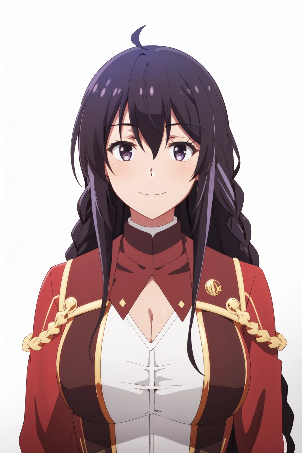 mature male, tall male, tall, long legs, adult, lean muscle, <lora:anime_screencap_v2:0.3>
portrait, solo focus, solo, close-up, (white background, plain background, simple background:1.3), 
 <lora:maou_elenore-04:0.7> maou_elenore, long hair, breasts, braid, black hair, smile, 1girl, cleavage, large breasts, purple eyes, book, solo, very long hair, belt, hair between eyes, upper body, jacket, long sleeves, black eyes, uniform, bangs