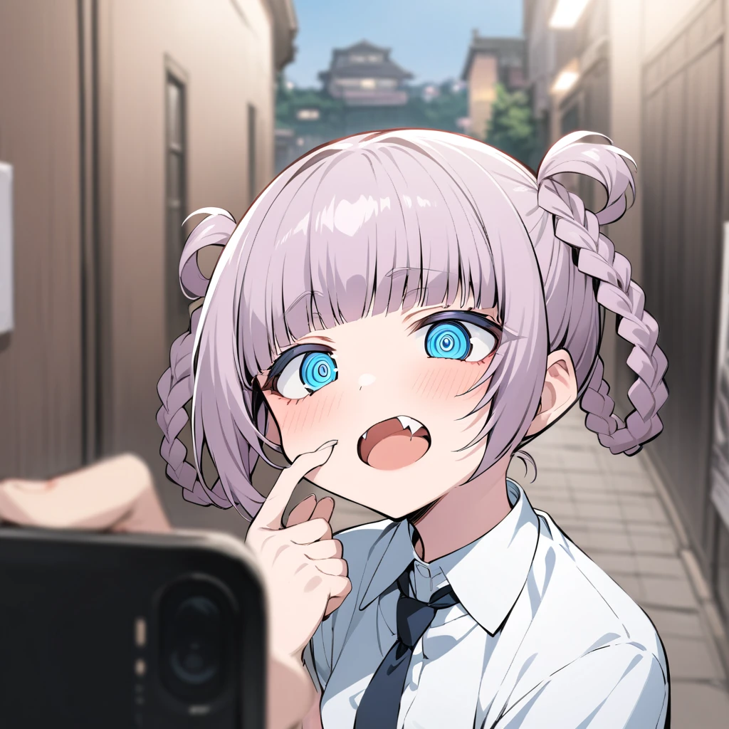 nanakusa_nazuna_xl, nanakusa nazuna \(yofukashi no uta\), anime girl with pigtails and a white shirt and tie, mouth hold, finger in own mouth, blurry foreground, blurry background, blurry, depth of field, photo background, motion blur, 1girl, blunt bangs, hair rings, solo, braid, open mouth, fang, ringed eyes, blue eyes, bangs, building, twintails, ringed eyes,
best quality, (masterpiece:1.2), highly detailed,
<lora:nanakua_nazuna_xl:1.2> <lora:SDXL_oral_v1:0.5>