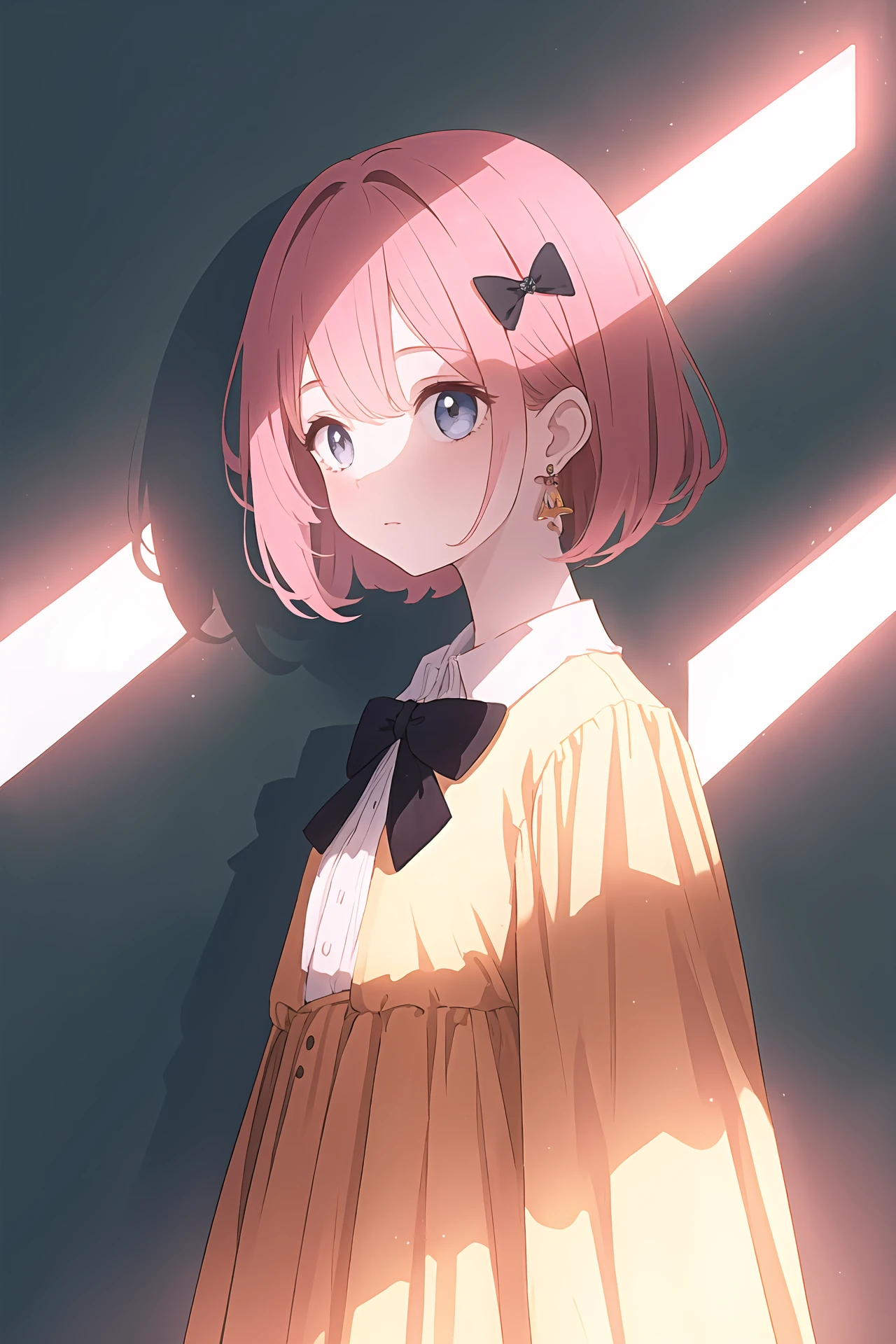 (best quality, masterpiece, highres),1girl,solo,bow-shaped hair,earrings,hairclip,ribbon,cowboy shot,dark,light rays,shadow,<lora:a beam of light_v1.04:1>,