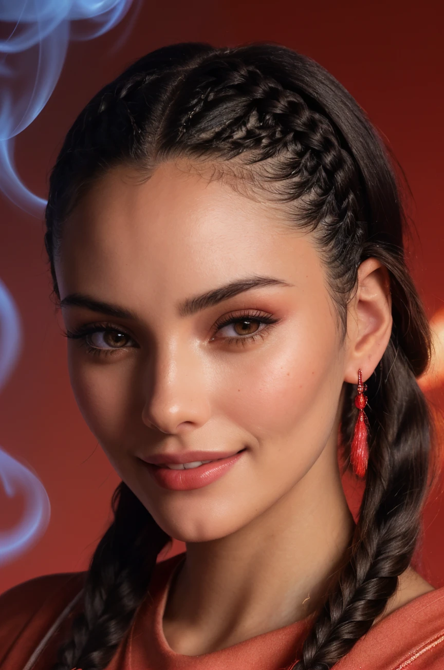 DV_S2_Coralene_Vicious (braided pigtails:1.5) ((RedTheme, Red backdrop:1.4)) (Close-Up Shot, headshot:1.4) wearing (Black sweatshirt :1.4) 35mm, F/2.8 ((Photo Focus, DOF, Aperture, insanely detailed and intricate, character, hypermaximalist, elegant, ornate, beautiful, exotic, revealing, appealing, attractive, amative, hyper realistic, super detailed, heresy flares)) (smile:1.2)(volumetric red smoke:1.3) (red lens flare:1.2)(sharpness:1.3)(details:1.3) (Facial Close up shot:1.4)