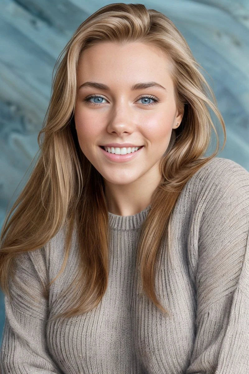closeup headshot of S331_Ryana,an attractive woman,in front of an (epic-wall:1.1),wearing a (sweater:1.1),(smiling),(4k, RAW photo, best quality, depth of field, ultra high res:1.1),(absurdres, intricate, photorealistic, masterpiece, ultra-detailed:1.1),