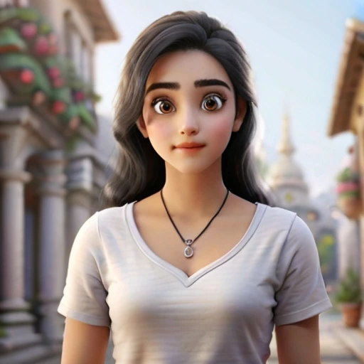 a tall standing beautiful 18 years young girl with expressive eyes and long black hairs .