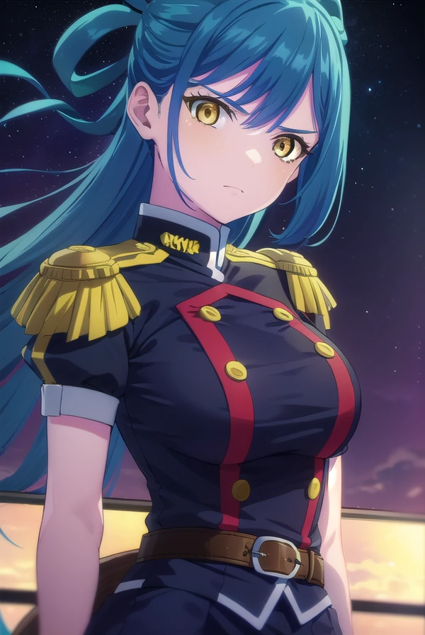 himariazuma, <lora:himari azuma s1-lora-nochekaiser:1>,
himari azuma, long hair, hair rings, (blue hair:1.5), (yellow eyes:1.5), frown, angry,
BREAK skirt, thighhighs, epaulettes, military, military uniform, black uniform,
BREAK outdoors, space, starry sky, star \(sky\), moon,
BREAK looking at viewer, (cowboy shot:1.5),
BREAK <lyco:GoodHands-beta2:1>, (masterpiece:1.2), best quality, high resolution, unity 8k wallpaper, (illustration:0.8), (beautiful detailed eyes:1.6), extremely detailed face, perfect lighting, extremely detailed CG, (perfect hands, perfect anatomy),
