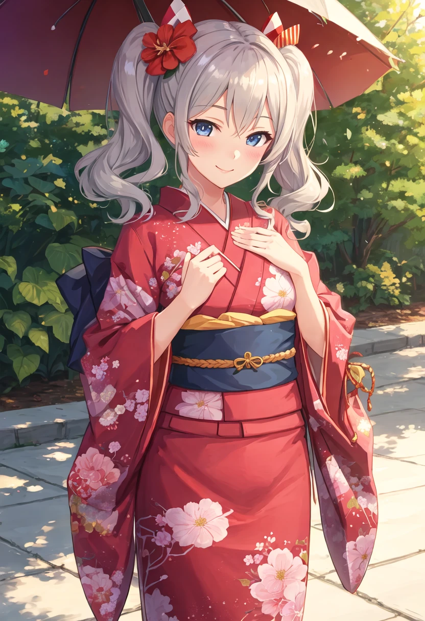 best quality, masterpiece, highres, solo, {kashima_kantaicollection:0.90}, 1girl, looking_at_viewer, smile, alternate_costume, blush, hair_flower, kimono, floral_print, obi