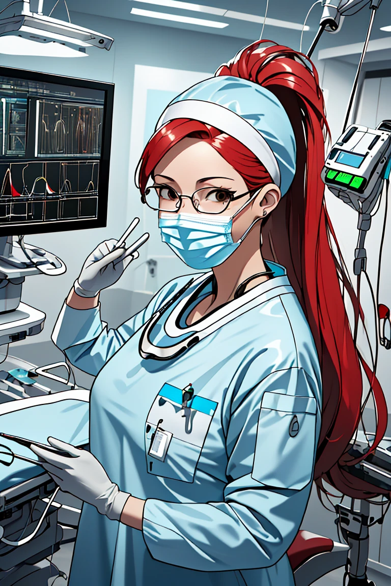 (RAW photo, best quality), 1girl, operating room, overhead surgical light, dslr, blurred background, focused,
 <lora:cyber_surg_v1.0-000006:0.8> cybr_surg, 1girl, solo, latex gloves, surgical mask,cybernetic outfit,long sleeves,surgical cap,
 <lora:Claudia_Suzuki_V1.0-000006:0.5> (claudia suzuki, mature female, semi-rimless eyewear, red hair, long hair, brown eyes, antenna hair),