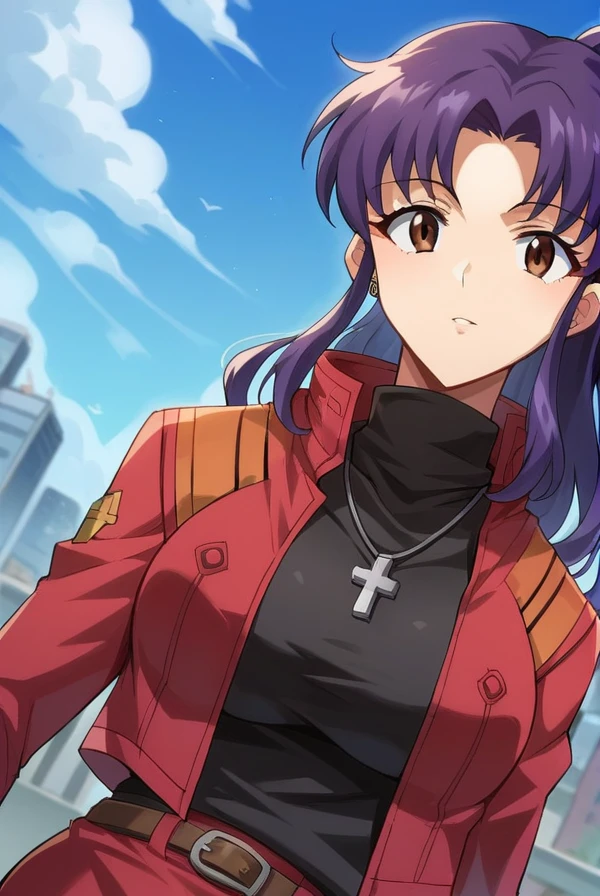 score_9, score_8_up, score_7_up, score_6_up, score_5_up, score_4_up,
BREAK source_anime, 
misatokatsuragi, <lora:misato_katsuragi_rebuild-sdxl-lora-nochekaiser:1>,
misato katsuragi, long hair, brown eyes, purple hai, parted bangs, ponytail, sidelocks, mature female,
skirt, jewelry, jacket, belt, necklace, uniform, cross, red jacket, pencil skirt, cross necklace, red skirt, black shirt, turtleneck, cropped jacket,
outdoors, city, sky, clouds,
looking at viewer, dutch angle,