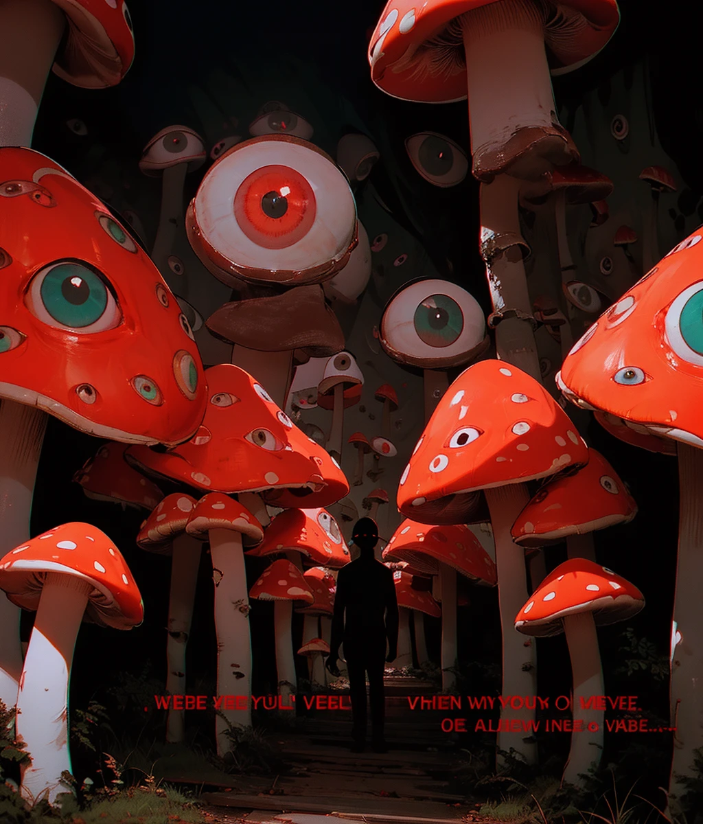 <lora:meng:0.7>,Weirdcore,eyeball mushroom,red mushroom,hallway,black background,surreal,(text:1.2),VHS,<lora:Horror_insanevoid_v2.0>,extra eye,(mushrooms are covered with eyeballs:1.2),too many eyes,trypophobia,no humans,no_humans,
