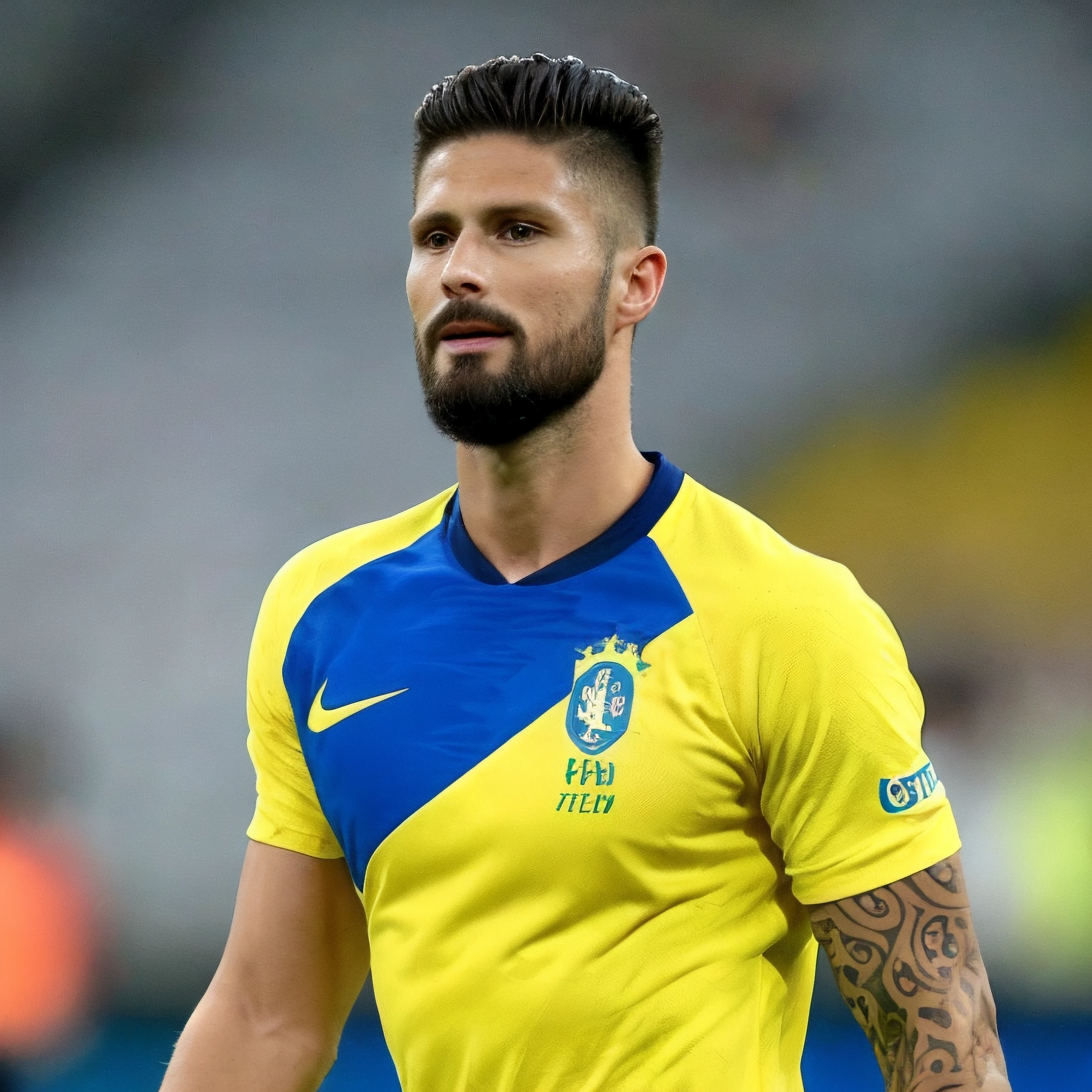 <lora:Olivier Giroud:0.75>, face (Olivier Giroud:1.1), 1male, face, realistic, ultra quality, highly detailed, ultra HD, soccer player clothes, brazil, yellow shirt, blue shorts