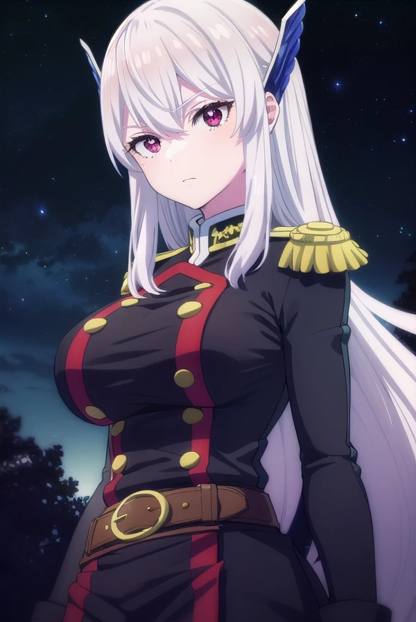 kyoukauzen, <lora:kyouka uzen s1-lora-nochekaiser:1>,
kyouka uzen, long hair, (red eyes:1.3), very long hair, white hair,
BREAK thighhighs, gloves, hat, boots, belt, sword, uniform, zettai ryouiki, military, military uniform, thigh boots, shako cap,
BREAK outdoors, space, starry sky, star \(sky\), moon,
BREAK looking at viewer, (cowboy shot:1.5),
BREAK <lyco:GoodHands-beta2:1>, (masterpiece:1.2), best quality, high resolution, unity 8k wallpaper, (illustration:0.8), (beautiful detailed eyes:1.6), extremely detailed face, perfect lighting, extremely detailed CG, (perfect hands, perfect anatomy),
