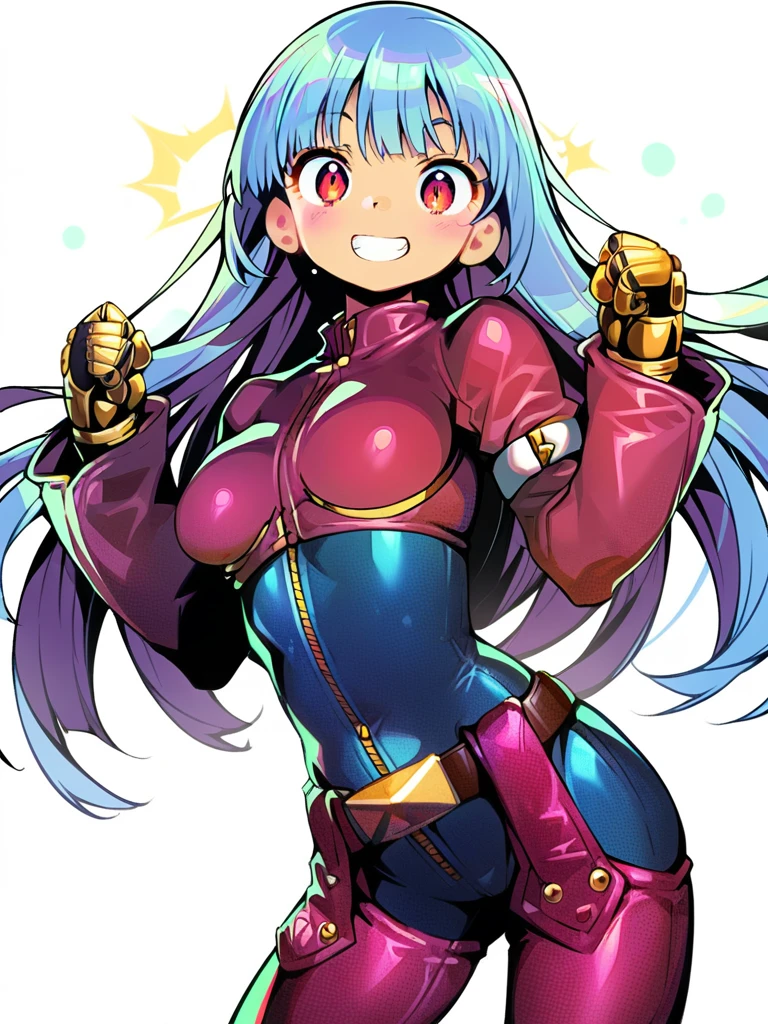 <lora:xl_dohna_dohna_style(pony)-000008:1>,dohna dohna style, 1girl, kula diamond, solo, long hair, smile, blue hair, white background, breasts, simple background, looking at viewer, medium breasts, red eyes, gloves, bangs, belt, zipper, bodysuit, cropped jacket, cowboy shot, clenched hands, grin, chaps, jacket, long sleeves, blush, hands up, standing, score_9,_up score_8_up,up score_7_up,up score_6_up,