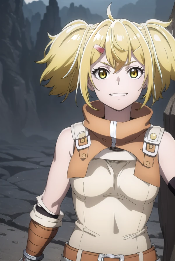 oikatzo, <lora:oikatzo s1-lora-nochekaiser:1>,
oikatzo, blonde hair, hair ornament, twintails, (yellow eyes:1.3), hairclip, short twintails, smile, grin,
BREAK gloves, belt, fingerless gloves, red gloves,
BREAK outdoors, forest,
BREAK looking at viewer, (cowboy shot:1.5),
BREAK <lyco:GoodHands-beta2:1>, (masterpiece:1.2), best quality, high resolution, unity 8k wallpaper, (illustration:0.8), (beautiful detailed eyes:1.6), extremely detailed face, perfect lighting, extremely detailed CG, (perfect hands, perfect anatomy),