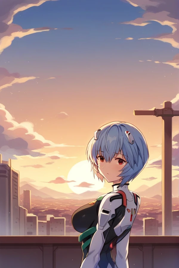 score_9, score_8_up, score_7_up, score_6_up, score_5_up, score_4_up,
BREAK source_anime, 
reiayanami, <lora:rei_ayanami_rebuild-sdxl-lora-nochekaiser:1>,
rei ayanami, blue hair, short hair, red eyes, mature female,
bodysuit, headgear, plugsuit, black bodysuit,
outdoors, cityscape, sun, sky, clouds,
looking at viewer, cowboy shot,