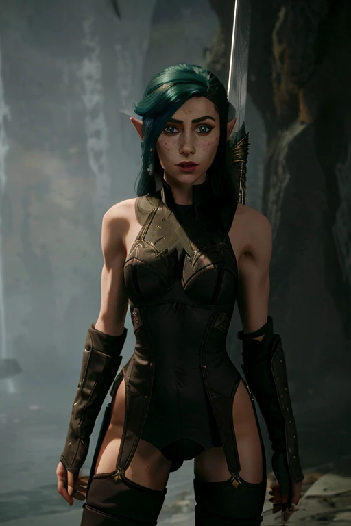 woman posing with a sword, <lora:4mal3a:1> woman with the same face as 4mal3a, green eyes,(freckles:1.2), long iridescent rainbow hair,long pointy ears, pointy ears, <lora:Skyrim-DX-Celes-Nightingale-Outfit v2:0.7> skyrim-dx-celes-nightingale-outfit,fingerless gloves, bare shoulders, thighhighs, thigh boots, sword, sheath ,  <lora:Add More Details - Detail Enhancer - Tweaker:0.5>, <lora:Style_Arcane_LoL:0.8> arcane style