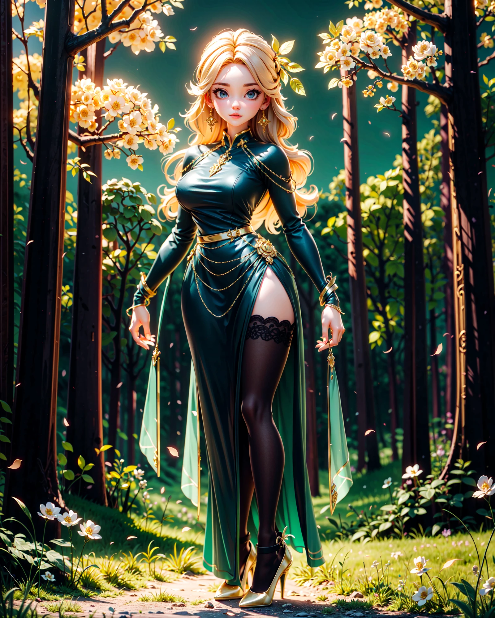 (lusanna), <lora:lostark_lusanna:0.8>, 1girl, woman, (dynamic posing:1), gold earrings, (blue long dress:1.4), (blond hair), (gold stilettos:1.5), (blue eyes:1), (looking at viewer:1.2), (black stockings:1.3), cowboy shot, (outdoors:1), (mountain ranges, cherry blossom forest:1), flowers, grass, trees, happy, standing on grass crossed legs, (masterpiece, best quality), soft lighting, gentle, diffused light that wraps the characters in a warm and dreamy glow,