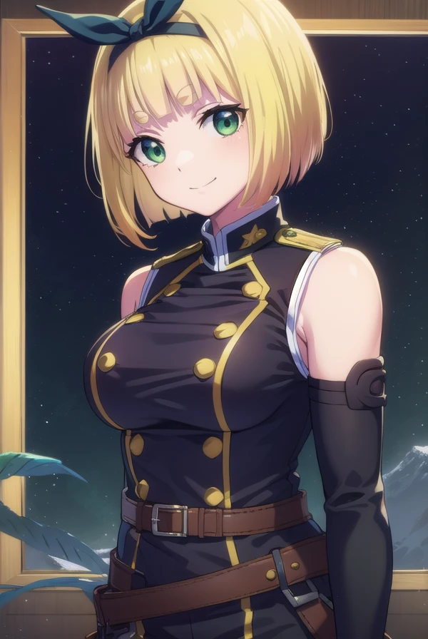 shushusuruga, <lora:shushu suruga s1-lora-nochekaiser:1>,
shushu suruga, short hair, bangs, hair ribbon, hairband, blunt bangs, thick eyebrows, (green eyes:1.3), yellow hair, smile,
BREAK gloves, shorts, elbow gloves, belt, buttons, military uniform, military, bare shoulders, black military uniform,
BREAK outdoors, space, starry sky, star \(sky\), moon,
BREAK looking at viewer, (cowboy shot:1.5),
BREAK <lyco:GoodHands-beta2:1>, (masterpiece:1.2), best quality, high resolution, unity 8k wallpaper, (illustration:0.8), (beautiful detailed eyes:1.6), extremely detailed face, perfect lighting, extremely detailed CG, (perfect hands, perfect anatomy),
