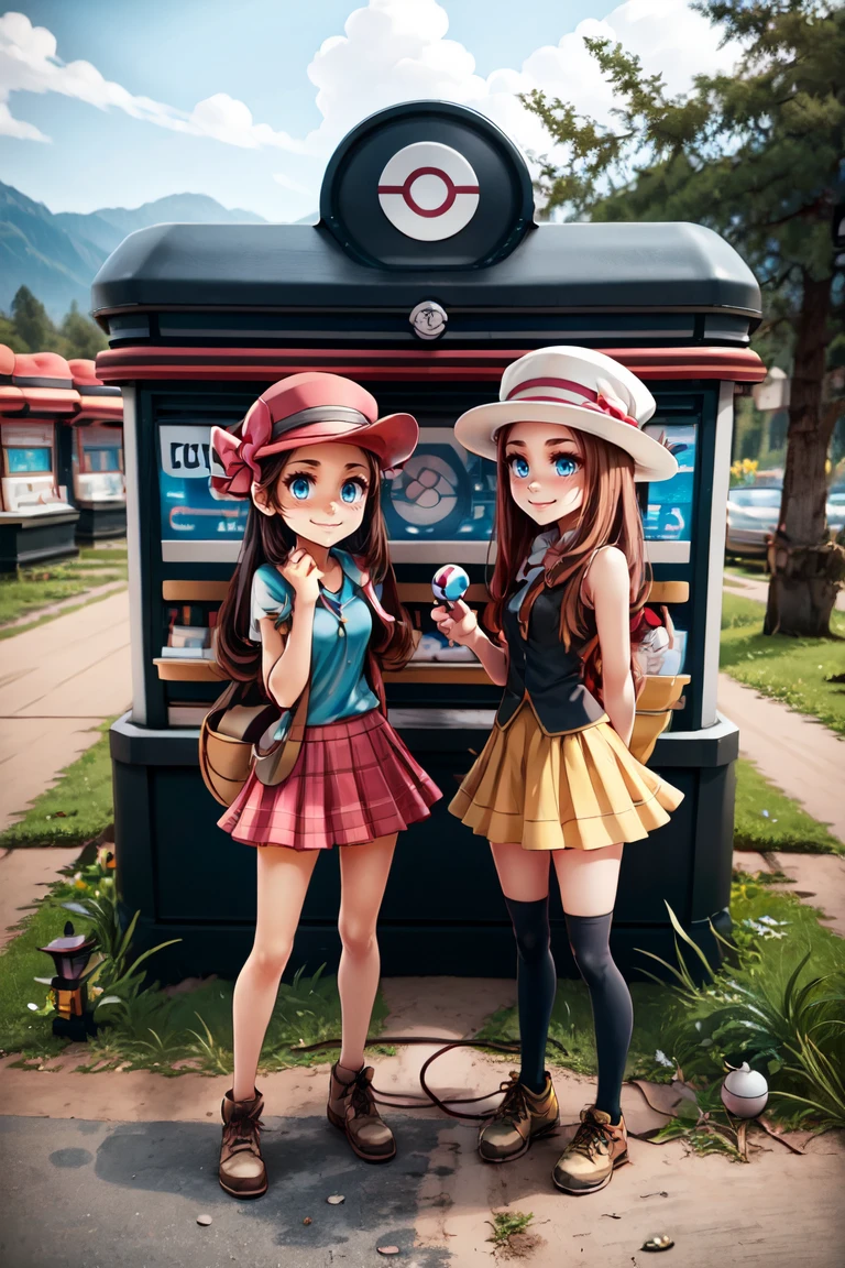 ((masterpiece,best quality)), absurdres,
<lora:Pokemon_Center:0.8>, Pokemon_Center, building,
sky, day, tree, grass, plant, poke ball, sign, poke ball (basic), road, lamp, lamppost, mountain,  fence, poke ball (basic), road, bush, path, vending machine, poke ball theme,
long hair, blush, smile, blue eyes, multiple girls, skirt, brown hair, black hair, hair ornament, thighhighs, hat, bow, ribbon, holding, 2girls, <lora:more_details:0.5>,