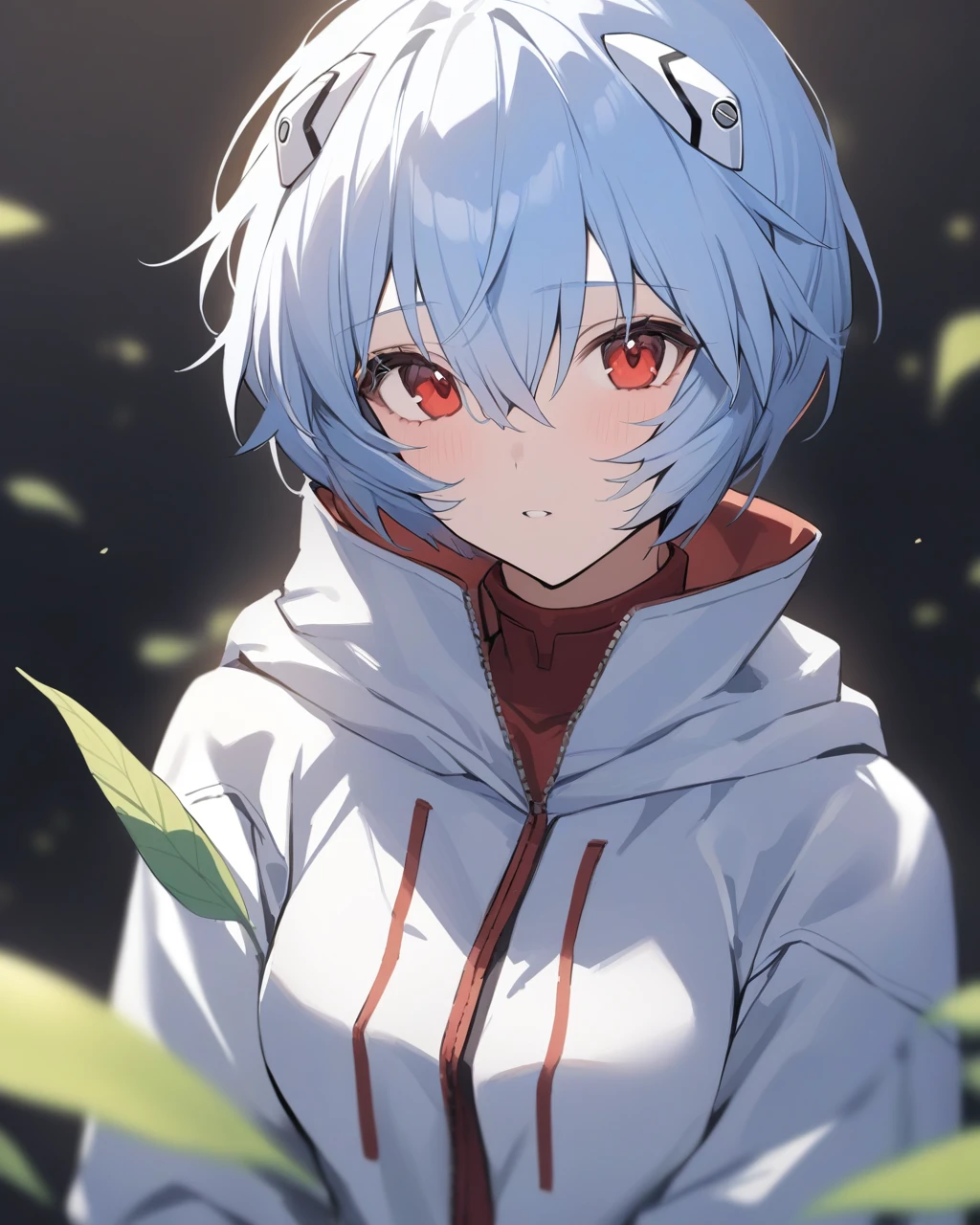 masterpiece,best quality,<lora:ayanami_reiv2:1>,high_collar,blurry_background,looking_at_viewer,blue_ribbon,blurry,neon_genesis_evangelion,1girl,solo,ribbon,ayanami_rei,white_jacket,jacket,black_background,shirt,upper_body,white_shirt,leaf,
