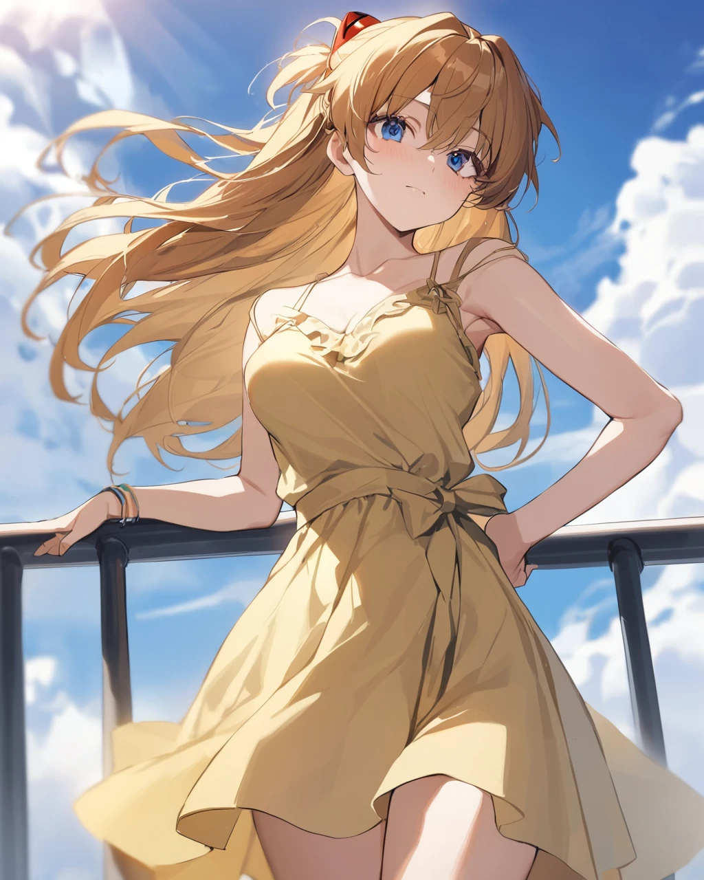 best quality, masterpiece,  <lora:souryuuv2:1>,sundress, sky, yellow_dress, day, cloud, depth_of_field, 1girl, rebuild_of_evangelion, railing, blue_sky, solo, wide-eyed, closed_mouth, neon_genesis_evangelion, souryuu_asuka_langley, medium_breasts, hand_on_own_hip, dress, interface_headset, blurry, breasts