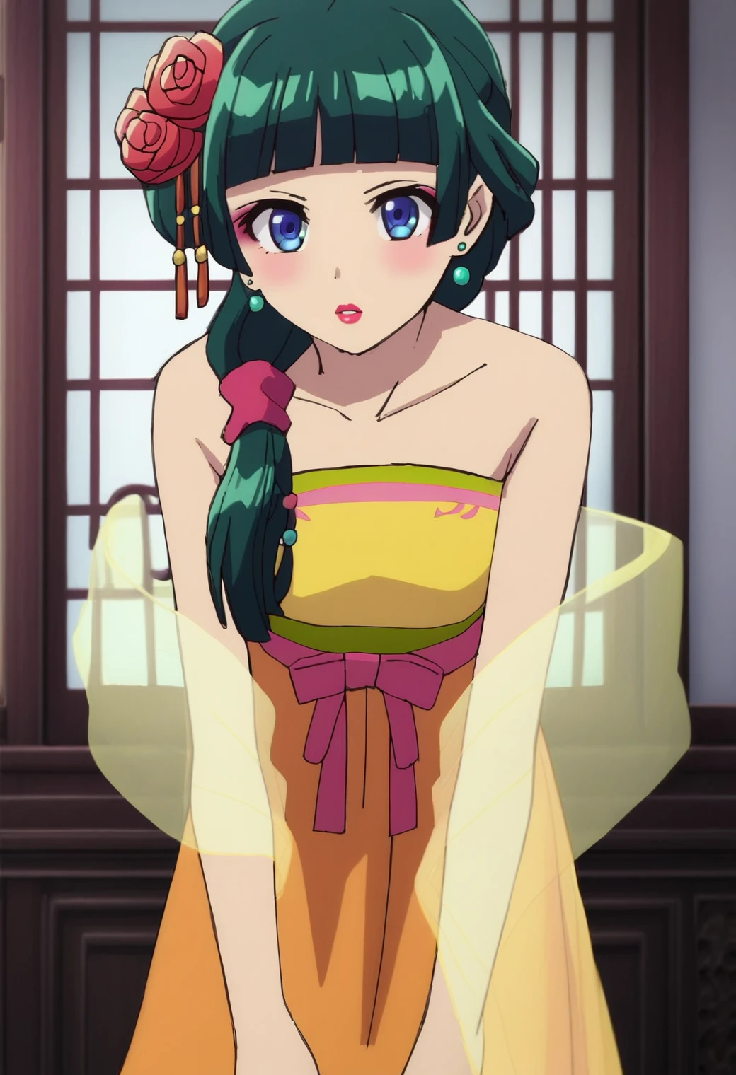 1girl, maomao, <lora:maomao_ponyxl_v1:0.9>, solo, green hair, long hair, blue eyes, BREAK
bare arms, bare shoulders, blunt bangs, collarbone, earrings, hair flower, hair ornament, indoors, jewelry, red rose, standing, strapless, strapless dress, leaning forward, dress grab, sidelocks, ygo-dress, yellow see-through shawl, green sash, orange hakama, cute hairstyle, green earrings, sphere earrings, makeup, pink hair scrunchie, hair over shoulder, hair beads, blush, lipstick, pink eyeliner, BREAK
score_9, score_8_up, score_7_up, score_6_up, anime, BREAK
(high quality, detailed, beautiful), shiny, detailed beautiful eyes, outstanding, countershading, detailed soft lighting