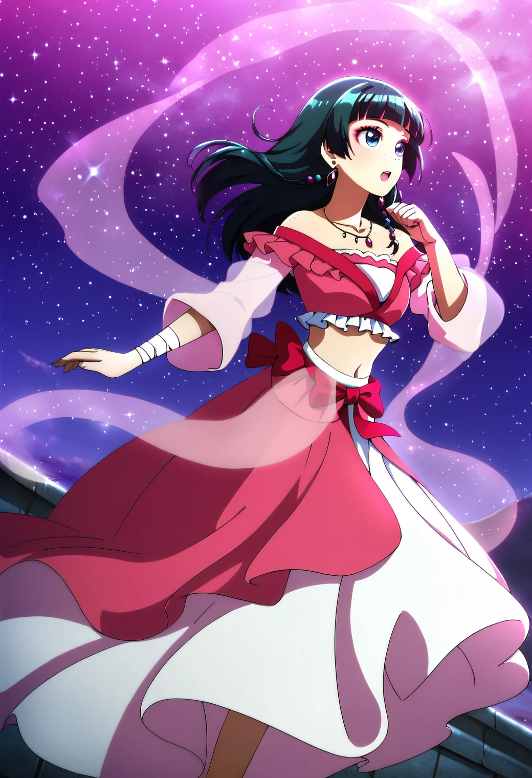 1girl, maomao, <lora:maomao_ponyxl_v1:1>, solo, green hair, long hair, blue eyes, BREAK
blunt bangs, earrings, jewelry, looking up, night, night sky, sky, star (sky), starry sky, wide sleeves, frills, frilled dress, pink dress, white frills, purple frills, pink ribbon, pink skirt, bandaged arm, freckles, straight hair, hair over shoulder, hair beads, dancer dress, pink see-through shawl, makeup, pink eyeliner, looking to the side, low twintails, full body, BREAK
score_9, score_8_up, score_7_up, score_6_up, anime, BREAK
(high quality, detailed, beautiful), shiny, detailed beautiful eyes, outstanding, countershading, detailed soft lighting