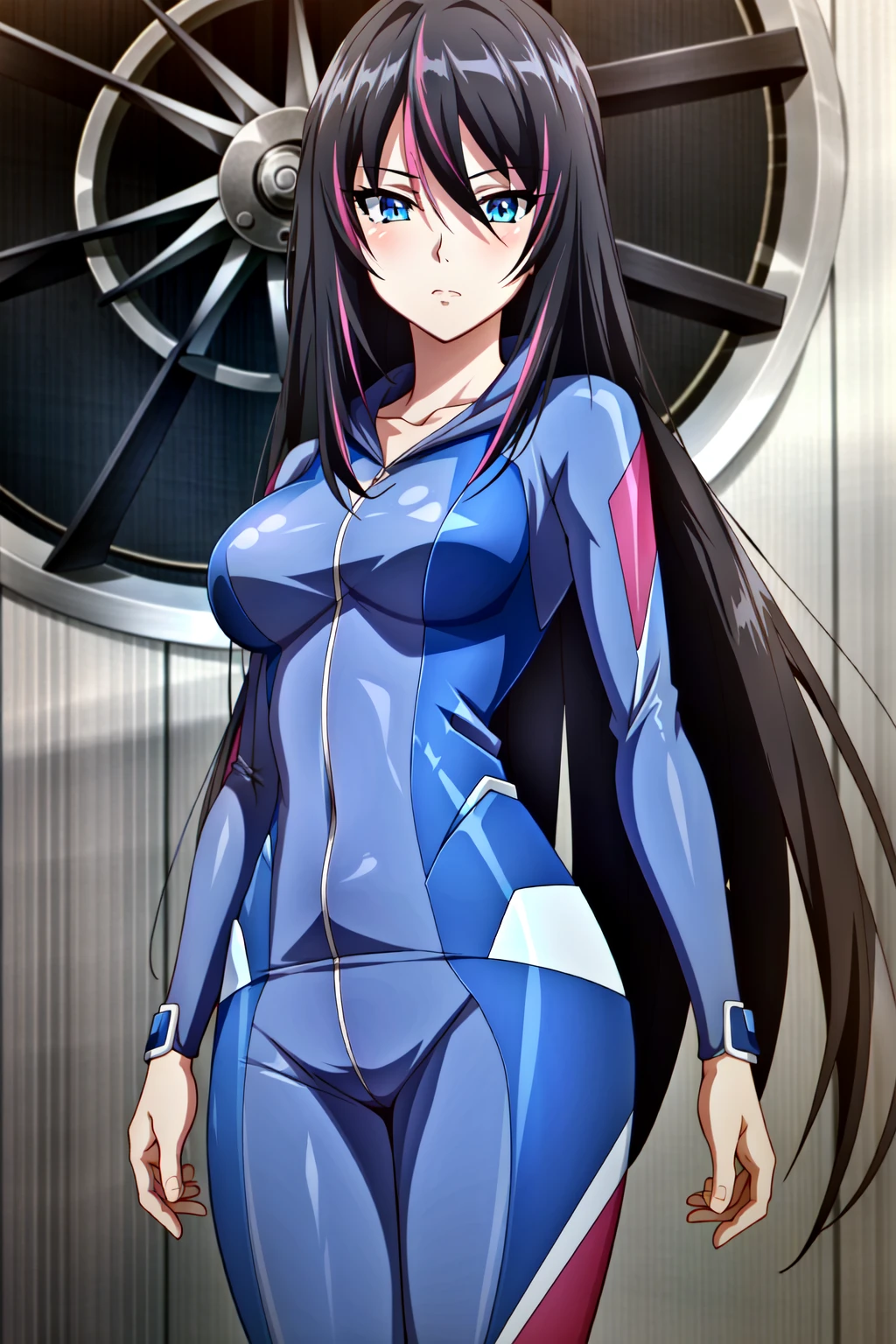 (extremely detailed CG unity 4k wallpaper),(masterpiece),(best quality),(ultra-detailed),(best illustration),(best shadow),(absurdres),(detailed background) <lora:OGT_Misa_Aoi-v1:0.8> Misa Aoi, 1girl, solo, long hair, black hair, blue eyes, bodysuit, collarbone, looking at viewer, hair between eyes, very long hair, medium breasts, breasts, simple background, standing, shiny, cowboy shot