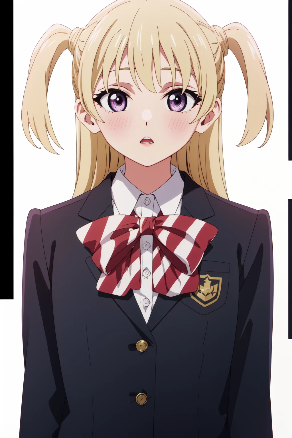 <lora:anime_screencap_v2:0.3>
portrait, solo focus, solo, close-up, (white background, plain background, simple background:1.3), looking at viewer
 <lora:akebi_gold-03:0.8> akebi_gold, 1girl, solo, purple eyes, blonde hair, looking at viewer, school uniform, blush, bow, two side up, long hair, jacket, bowtie, parted lips, shirt, window, collared shirt, striped bow, white shirt, upper body, striped, black jacket, bangs, red bow, portrait, indoors, blazer, open mouth