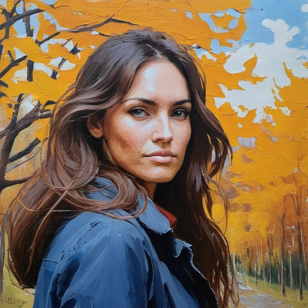 (Abstract) sketch of a woman in the fall season, oil on canvas, <lora:megfox_xl_1_standard_merger_23_41_07_03:1>
