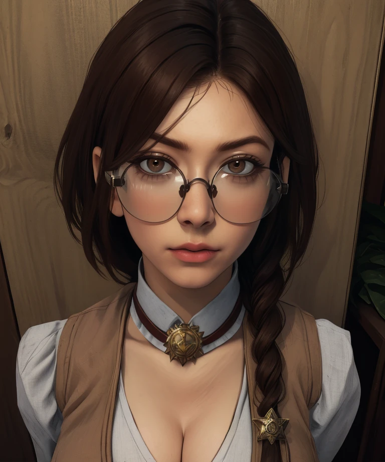 eugenie,brown hair,single braid,brown  eyes,glasses,looking at viewer,
bolo tie,brown vest,jewelry,looking at viewer,
workshop,night,cleavage,  blush, 
(insanely detailed, beautiful detailed face, masterpiece, best quality),solo,<lora:eugenie:0.8>,