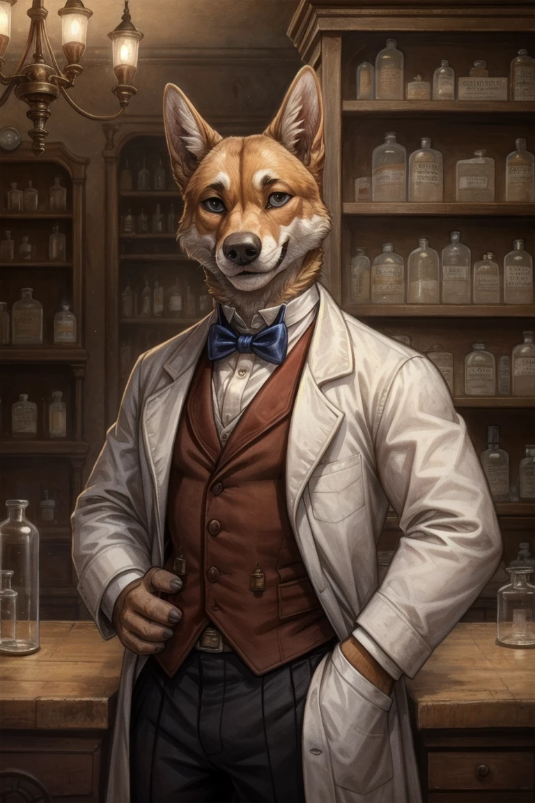 1boy, solo, close-up portrait, dog wearing lab coat in a 19th century pharmacy shop interior, steampunk art, global illumination, pose, smile, high detailed, cinematic, complex background, <lora:detail:0.4>, <lora:detail:0.4>