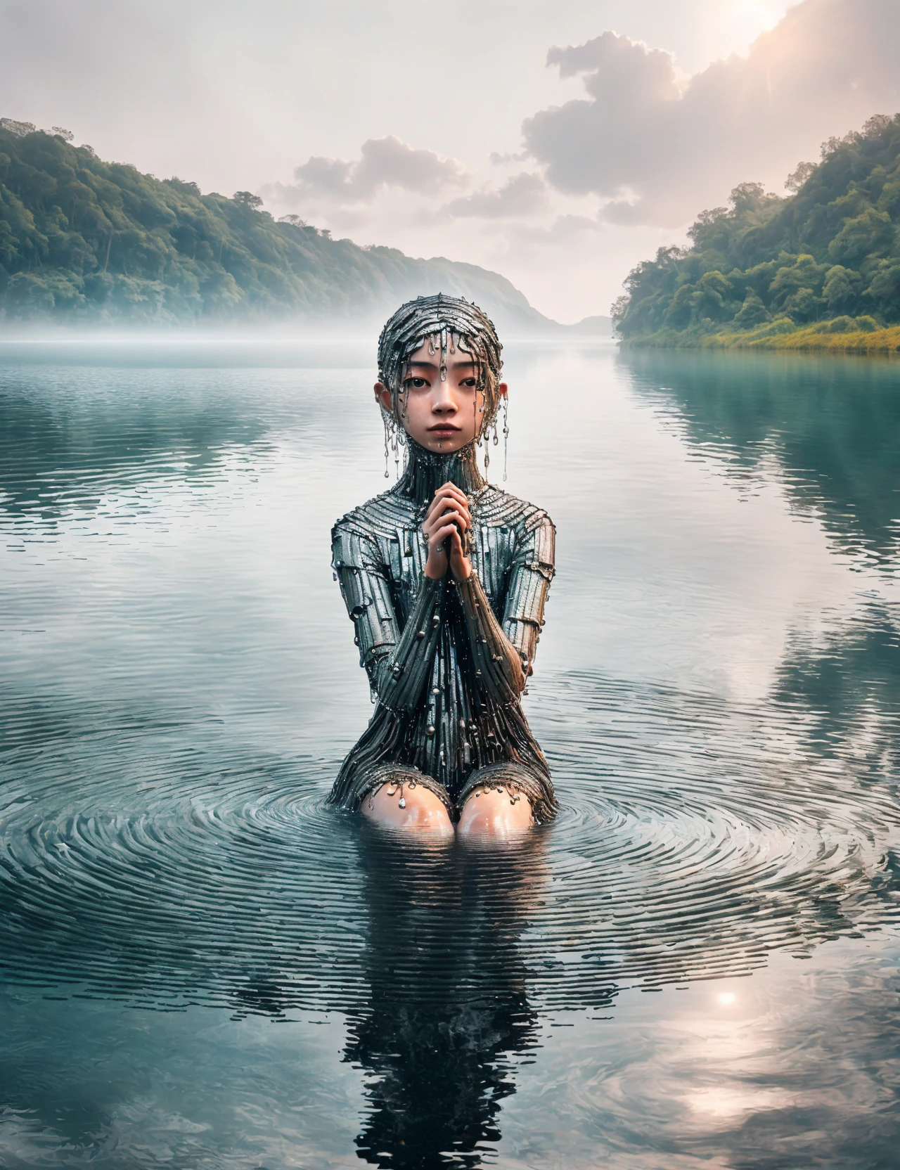 masterpiece, awesome quality, hyper detailed, DonMCr0wB4r asrai, Water fairy, delicate and beautiful, shy and reclusive embody the mystery and grace of water, dissolves into water when captured and exposed to sunlight, associated with bodies of fresh water, lake , <lora:DonMCr0wB4r-000006:1>