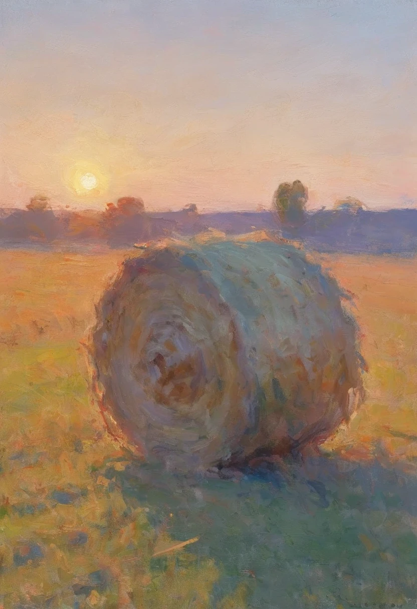 impressionist painting color and temperature study of a bale of hay on a grassy field at sunset